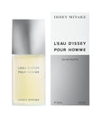 L'Eau d'Issey Pour Homme, ISSEY MIYAKE, silver cap, yellow liquid, white half silver box, ISSEY MIYAKE in silver, L'EAU D'ISSEY POUR HOMME in black, EAU DE TOILETTE in black,