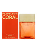 Michael Kors Coral, gold square cap, orange liquid, red box, MICHEAL KORS CORAL IN GOLD, EAU DE PARFUM SPRAY in gold, Vaporisateur in gold, 3.4 FL. OZ. LIQ./100 ml e in gold
