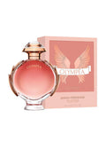 PACO RABANNE Olympea, gold on outside of perfume, OLYMPEA in gold, red liquid, pink and light pink box, pink wings, OLYMPEA in white ribbon, LEGEND in pink, Paco rabanne in gold, EAU DE PARFUM NATURAL SPRAY IN GOLD,