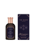 Ted Baker london skinwear limited edition in gold,surrounded by blue patterens ,gold cap ,gold outline on front label,dark blue box ,TED BAKER LONDON SKINWEAR  LIMITED EDITION Eau de Toilette 100ml e 3.3fl.oz in gold,gold line strip with 5 dots in gold at each corner 