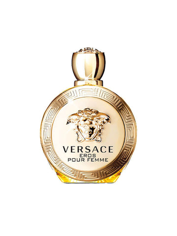 VERSACE Eros Pour Femme, gold cap, circular body, shine on tope left of body,gold liquid towards the boottom