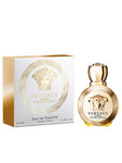 VERSACE Eros Pour Femme, gold cap, circular body, shine on tope left of body, white and gold box, VERSACE EROS POUR FEMME in gold, EAU DE TOILETTE NATURAL SPRAY in black, 