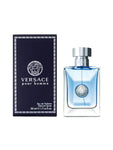 Versace Pour Homme , Silver cap, Versace engraved on cap, blue, versace logo in the middle, Dark blue box, white patterens around the box, VERSACE POUR HOMME in white, Eau de Toilette in white, Natural Spray in white